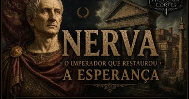 Imperador Nerva diante de construções da Roma Antiga, representando seu governo e a transição para a dinastia dos Antoninos