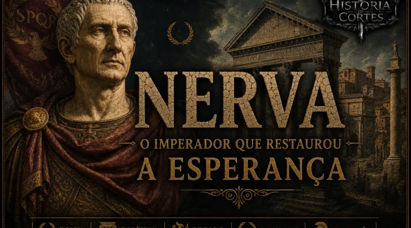 Imperador Nerva diante de construções da Roma Antiga, representando seu governo e a transição para a dinastia dos Antoninos