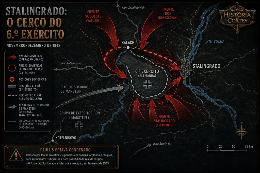 Mapa do cerco do 6.º Exército alemão em Stalingrado durante a Operação Urano em 1942