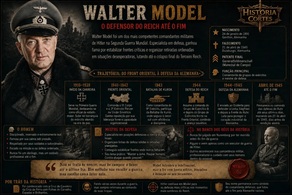 Infográfico sobre Walter Model, marechal de campo alemão e especialista em operações defensivas durante a Segunda Guerra Mundial.