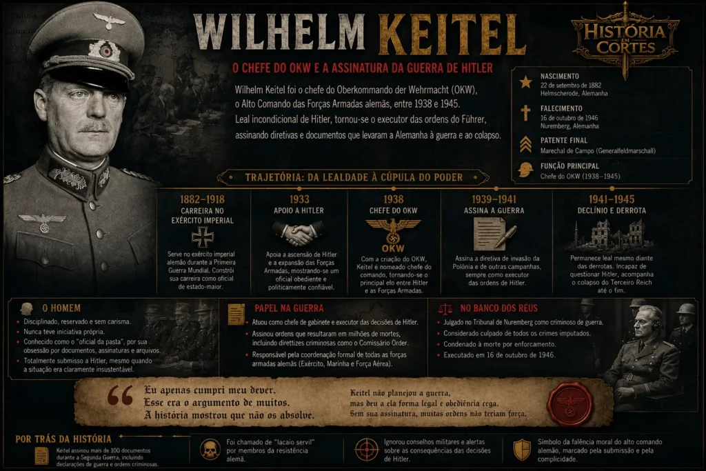 Infográfico sobre Wilhelm Keitel, chefe do OKW durante a Segunda Guerra Mundial, sua trajetória, relação com Hitler e julgamento em Nuremberg.
