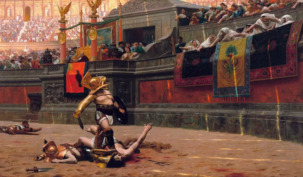 Pintura a óleo de Jean-Léon Gérôme em 1872 mostrando um combate de gladiadores romanos e o público com o polegar para baixo