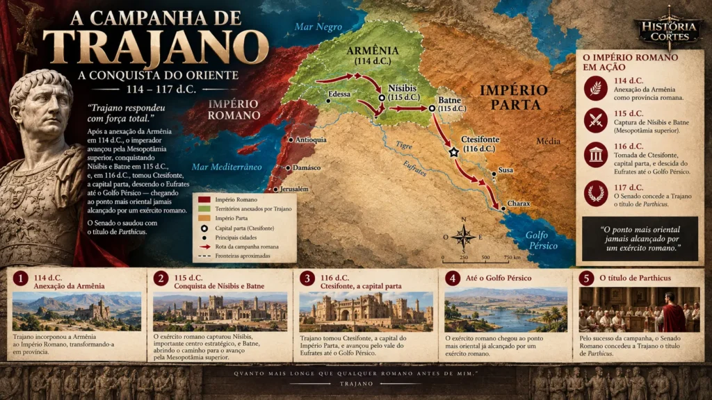 Mapa da campanha de Trajano contra o Império Parta entre 114 e 117 d.C., mostrando Armênia, Nísibis, Batne, Ctesifonte e o avanço romano até o Golfo Pérsico.