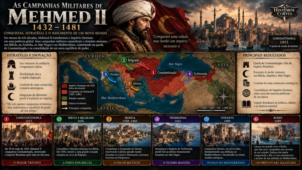 Infográfico das campanhas militares de Mehmed II, incluindo Constantinopla, Sérvia, Moreia, Trebizonda, Otranto e o cerco de Rodes.
