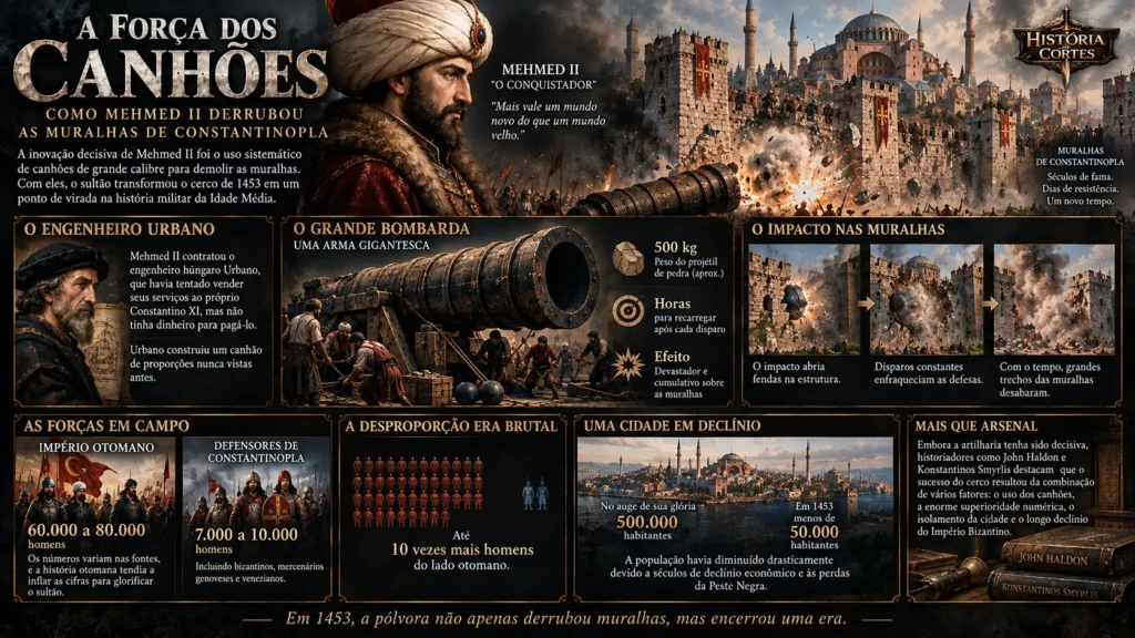 Infográfico sobre os canhões de Mehmed II no cerco de Constantinopla em 1453, incluindo a Grande Bombarda de Urbano e a superioridade numérica otomana.