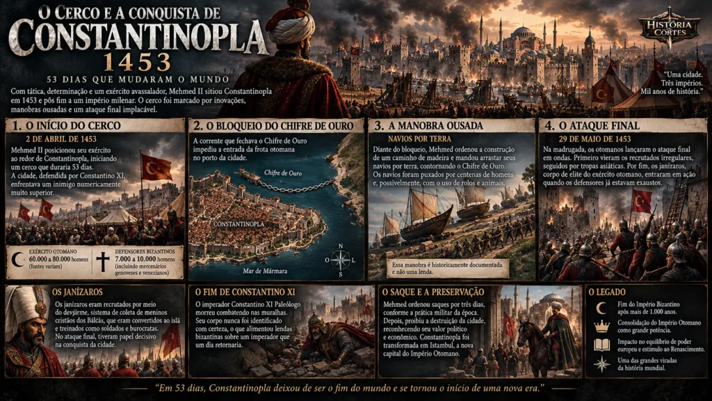 Infográfico sobre o Cerco de Constantinopla em 1453, mostrando os navios otomanos transportados por terra, o Chifre de Ouro, os janízaros e o ataque final de Mehmed II.