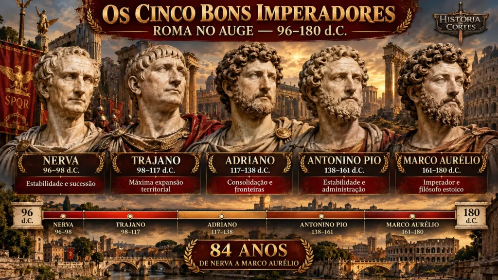 Infográfico sobre os Cinco Bons Imperadores de Roma: Nerva, Trajano, Adriano, Antonino Pio e Marco Aurélio, que governaram entre 96 e 180 d.C.