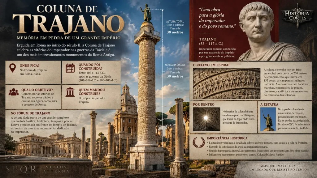 Infográfico sobre a Coluna de Trajano em Roma, construída para celebrar as vitórias do imperador Trajano nas Guerras Dácias.