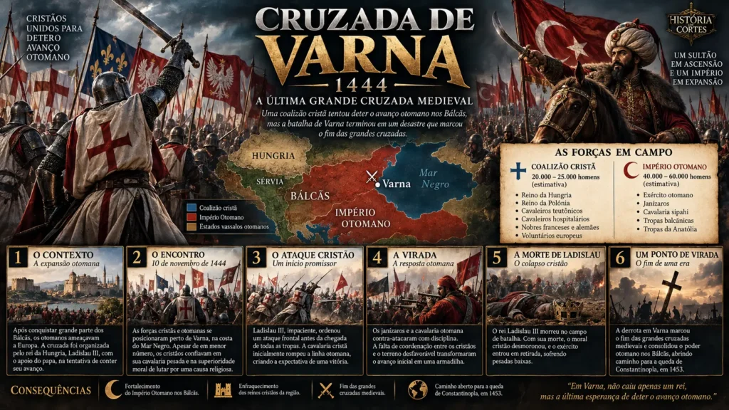 Infográfico sobre a Cruzada de Varna de 1444, mostrando a coalizão cristã liderada por Ladislau III contra o Império Otomano de Murad II, a Batalha de Varna e suas consequências.