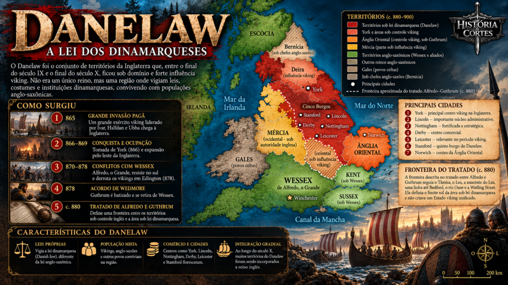 Mapa do Danelaw mostrando as áreas sob influência viking na Inglaterra, os Cinco Burgos, York, Ânglia Oriental, Mércia e Wessex.