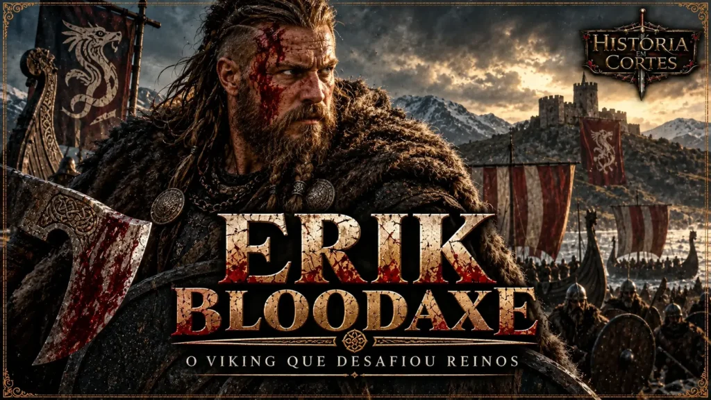 Erik Bloodaxe, rei viking do século X, representado com machado diante de navios e guerreiros nórdicos