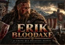 Erik Bloodaxe, rei viking do século X, representado com machado diante de navios e guerreiros nórdicos