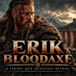 Erik Bloodaxe: A Trajetória de Sangue e Fratricídio do “Machado Sangrento” Erik Bloodaxe, rei viking do século X, representado com machado diante de navios e guerreiros nórdicos