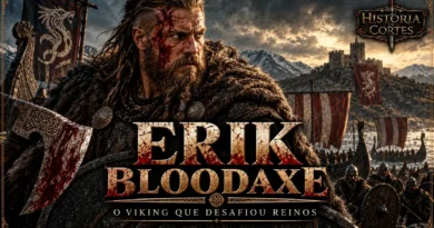 Erik Bloodaxe, rei viking do século X, representado com machado diante de navios e guerreiros nórdicos