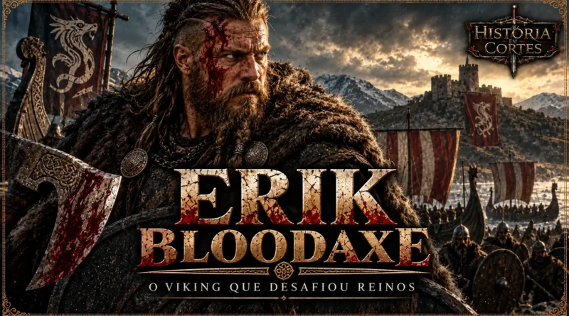 Erik Bloodaxe, rei viking do século X, representado com machado diante de navios e guerreiros nórdicos