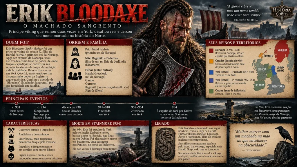 Infográfico sobre Erik Bloodaxe, rei viking da Noruega e de York, com sua trajetória, família, reinados, morte em Stainmore e legado.