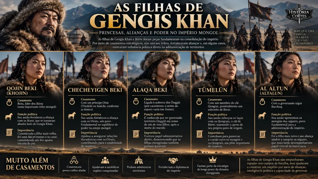Infográfico sobre as filhas de Gengis Khan e sua importância política nas alianças e na administração do Império Mongol.