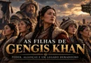 As filhas de Gengis Khan representadas diante de um acampamento mongol, simbolizando seu papel político e dinástico no Império Mongol.