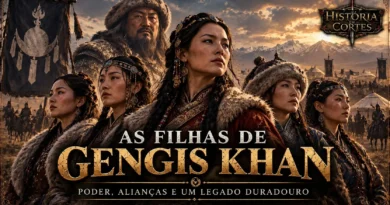As filhas de Gengis Khan representadas diante de um acampamento mongol, simbolizando seu papel político e dinástico no Império Mongol.