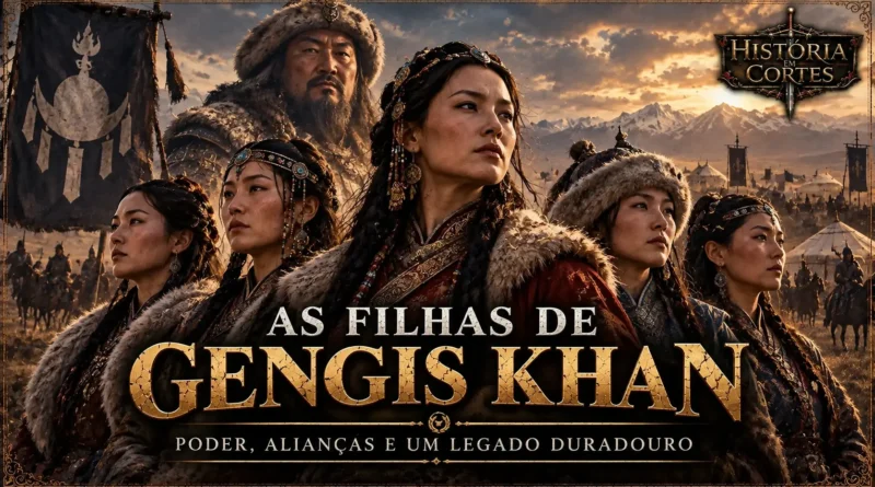 As filhas de Gengis Khan representadas diante de um acampamento mongol, simbolizando seu papel político e dinástico no Império Mongol.