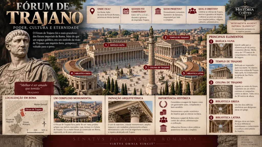 Infográfico do Fórum de Trajano em Roma, com reconstrução do complexo, Basílica Ulpia, Coluna de Trajano e principais edifícios.