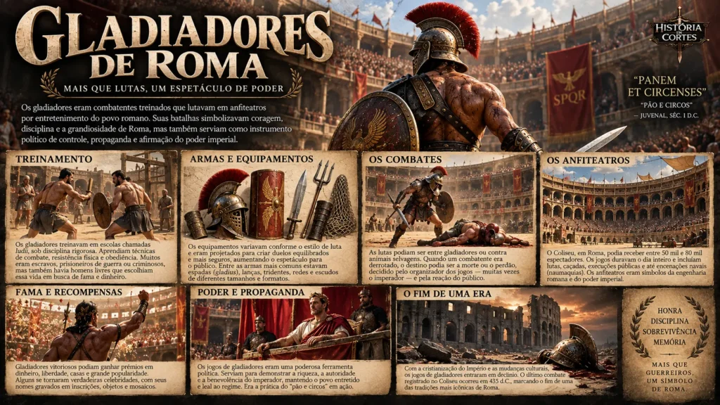 Infográfico sobre gladiadores romanos mostrando treinamento, armas, combates, anfiteatros, fama e o papel político dos jogos na Roma Antiga.