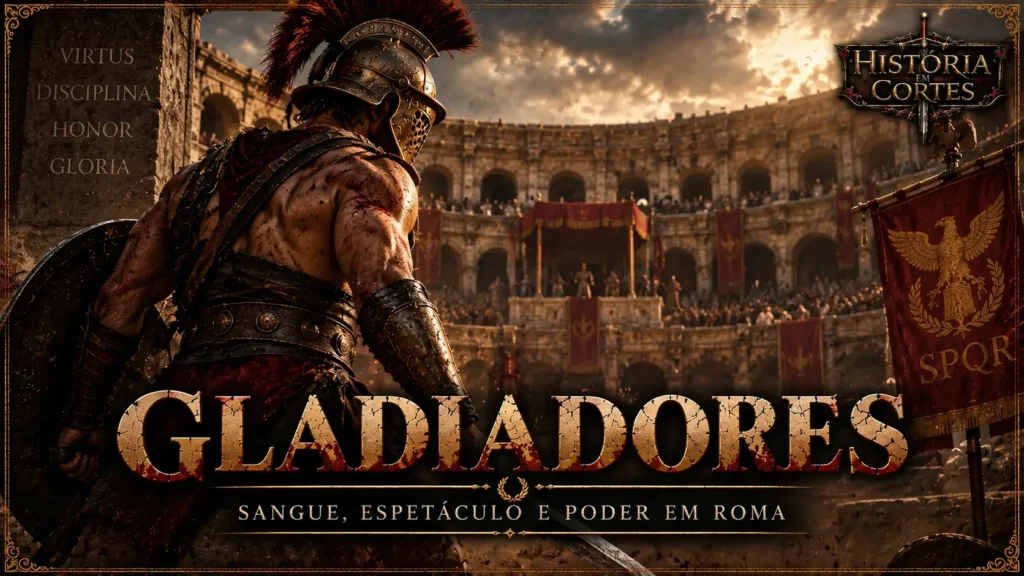 Gladiador romano em uma arena diante do público, representando os combates de gladiadores na Roma Antiga