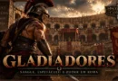 Gladiador romano em uma arena diante do público, representando os combates de gladiadores na Roma Antiga
