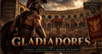 Gladiador romano em uma arena diante do público, representando os combates de gladiadores na Roma Antiga