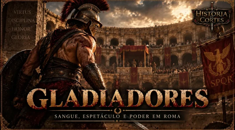 Gladiador romano em uma arena diante do público, representando os combates de gladiadores na Roma Antiga