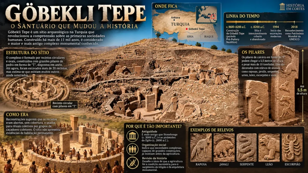 Infográfico sobre Göbekli Tepe, sítio arqueológico neolítico na Turquia, com pilares em T, relevos de animais e estruturas monumentais.