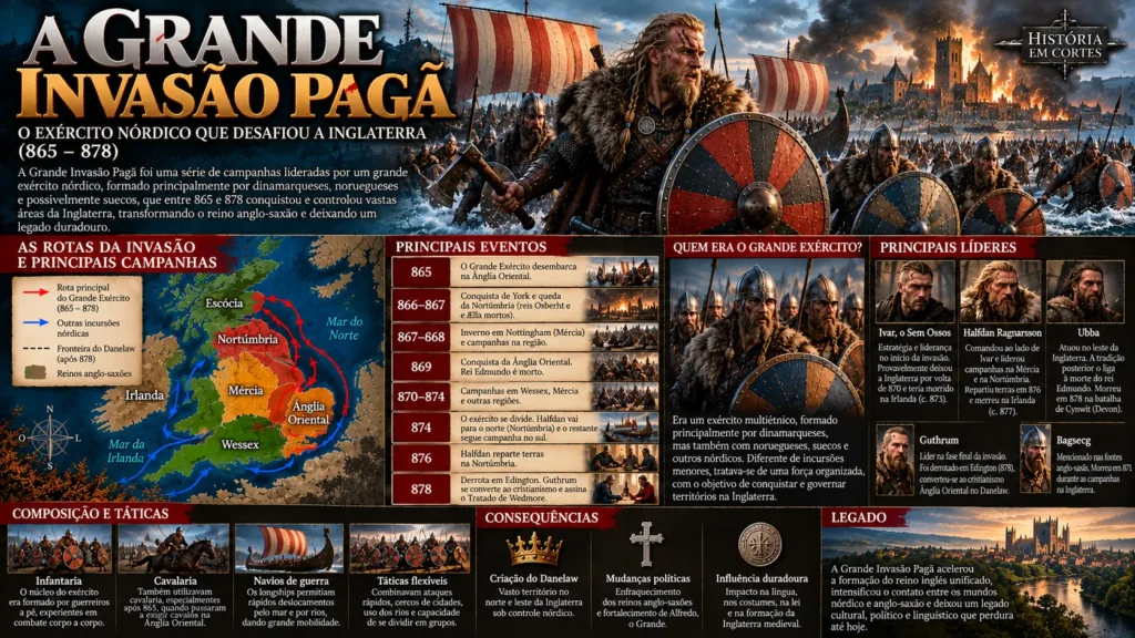 Infográfico sobre a Grande Invasão Pagã de 865 a 878, mostrando as campanhas vikings na Inglaterra, líderes, rotas, batalhas, táticas e formação do Danelaw.