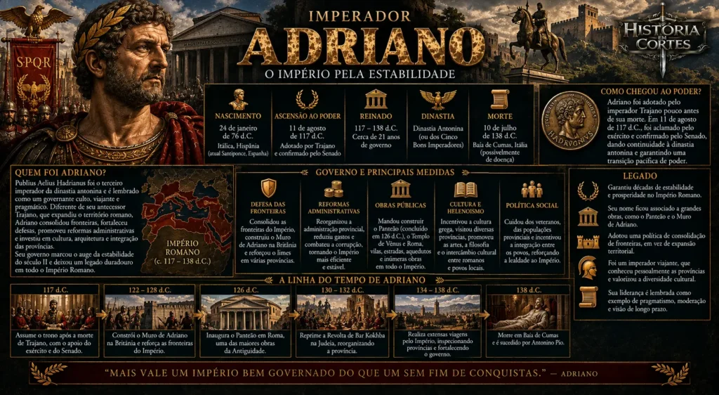 Infográfico sobre o imperador Adriano, seu governo, reformas, Muro de Adriano, Panteão e consolidação das fronteiras do Império Romano.