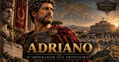 Imperador Adriano diante de Roma, representando seu governo e a consolidação das fronteiras do Império Romano.
