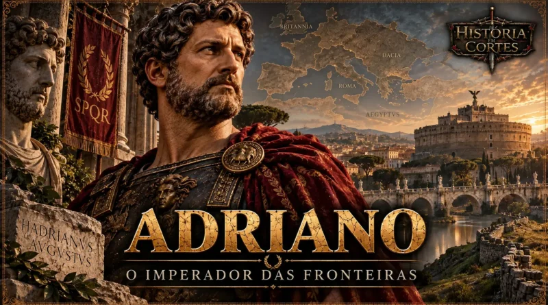 Imperador Adriano diante de Roma, representando seu governo e a consolidação das fronteiras do Império Romano.
