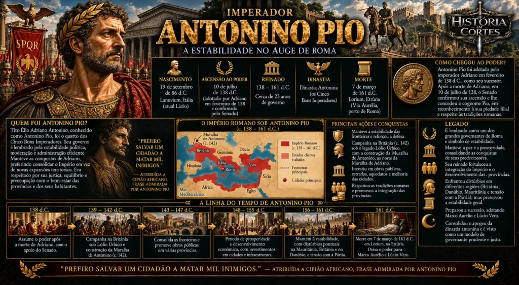 Infográfico sobre o imperador Antonino Pio, seu governo, Muralha de Antonino, estabilidade e prosperidade do Império Romano entre 138 e 161 d.C.
