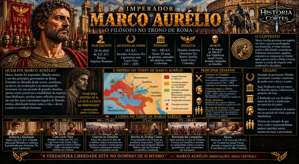 Infográfico sobre Marco Aurélio, imperador e filósofo estoico, com seu reinado, guerras no Danúbio, conflito com a Pártia, Peste Antonina e legado.