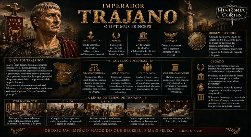 Infográfico sobre o imperador Trajano, suas conquistas, governo e expansão máxima do Império Romano.