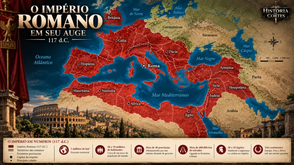 Mapa do Império Romano em seu auge em 117 d.C., durante o reinado do imperador Trajano