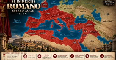 Mapa do Império Romano em seu auge em 117 d.C., durante o reinado do imperador Trajano