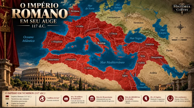 Mapa do Império Romano em seu auge em 117 d.C., durante o reinado do imperador Trajano