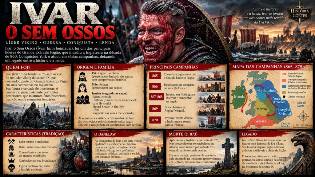 Infográfico sobre Ivar, o Sem Ossos, líder viking ligado ao Grande Exército Pagão, com suas campanhas na Inglaterra, conquista de York, Danelaw e morte por volta de 873.
