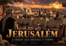 Ilustração histórica de Jerusalém com suas muralhas e monumentos, representando diferentes períodos da história da cidade