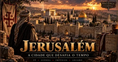 Ilustração histórica de Jerusalém com suas muralhas e monumentos, representando diferentes períodos da história da cidade