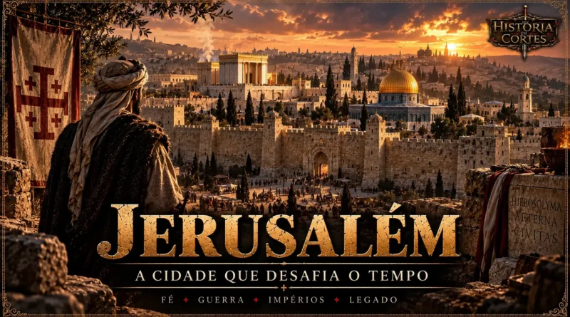 Ilustração histórica de Jerusalém com suas muralhas e monumentos, representando diferentes períodos da história da cidade