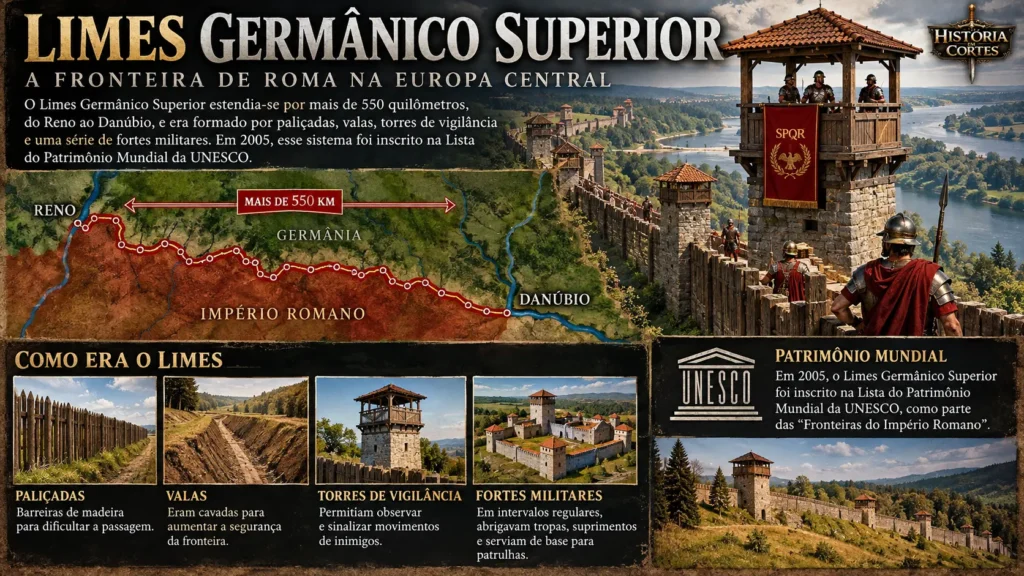 Infográfico sobre o Limes Germânico Superior, sistema de fronteiras romanas com mais de 550 km entre o Reno e o Danúbio, formado por paliçadas, valas, torres de vigilância e fortes militares.