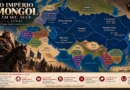 Mapa do Império Mongol em seu auge em 1279, mostrando a Dinastia Yuan, Horda Dourada, Ilkhanato, Canato de Chagatai, Dadu e Karakorum.