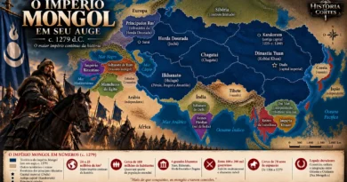 Mapa do Império Mongol em seu auge em 1279, mostrando a Dinastia Yuan, Horda Dourada, Ilkhanato, Canato de Chagatai, Dadu e Karakorum.