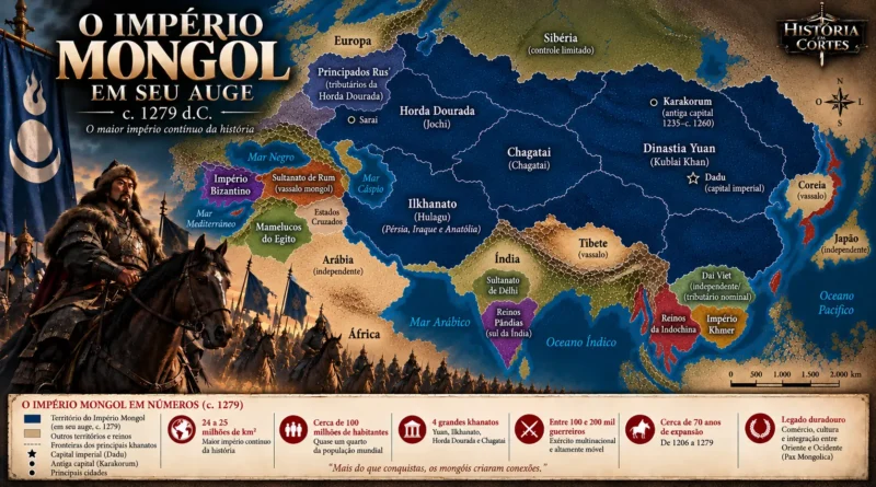 Mapa do Império Mongol em seu auge em 1279, mostrando a Dinastia Yuan, Horda Dourada, Ilkhanato, Canato de Chagatai, Dadu e Karakorum.