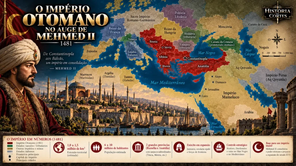 Mapa do Império Otomano em 1481, no final do reinado de Mehmed II, mostrando seus territórios nos Bálcãs e na Anatólia, Constantinopla e os Estados vizinhos.